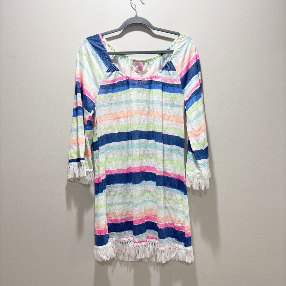 Lilly Pulitzer Getaway Multicolor Striped Fringe Swim Coverup Off The Shoulder M